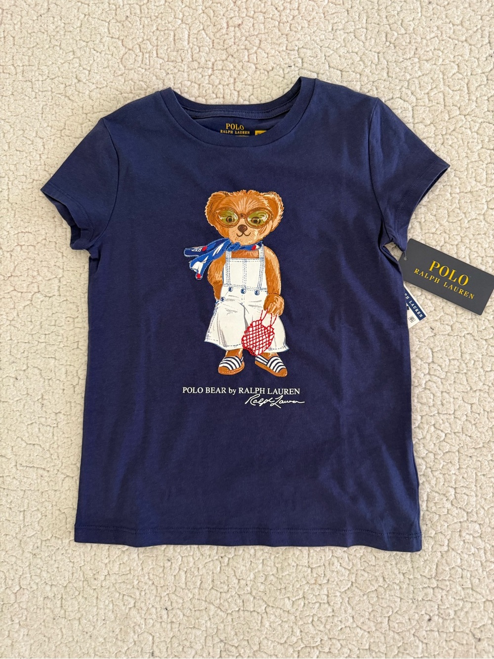 New girls Sz 5, 6 Polo by Ralph Lauren Navy Bear Graphic Short Sleeve shirt
